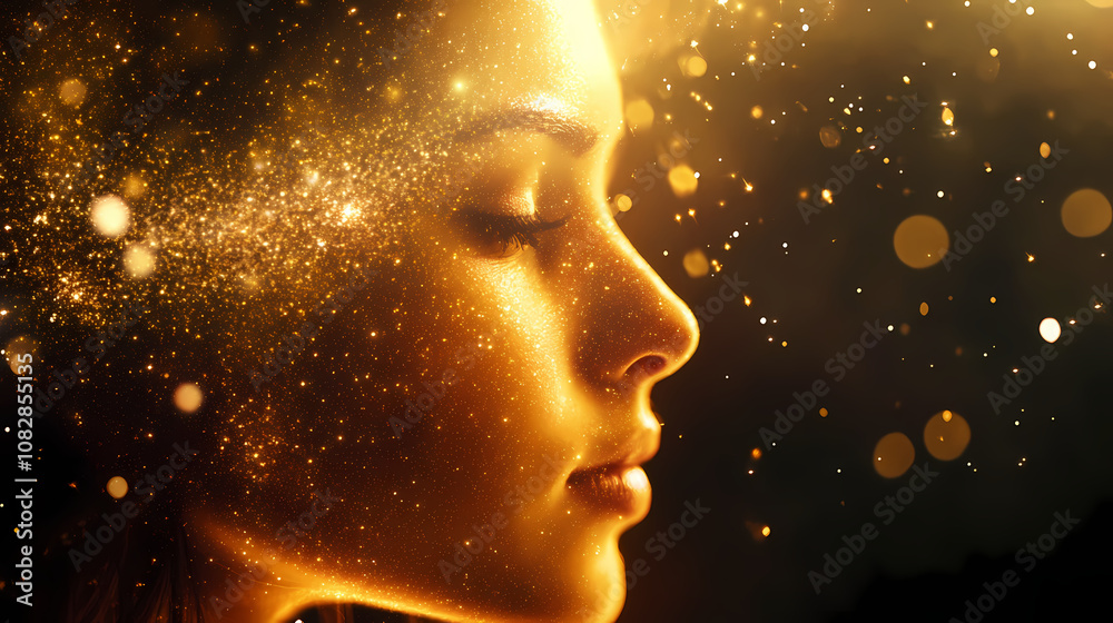 Woman glowing particles stardust portrait. Mysticism. Illustration Woman glowing particles stardust portrait. Mysticism. Illustration
