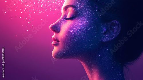 Woman glowing particles stardust portrait. Mysticism. Illustration