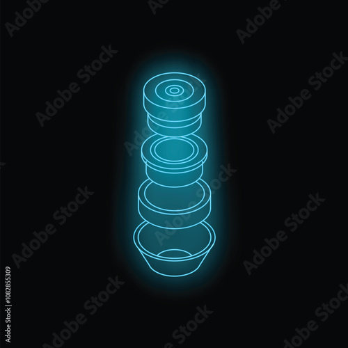 Neon blue outline of a bearing exploding on a black background