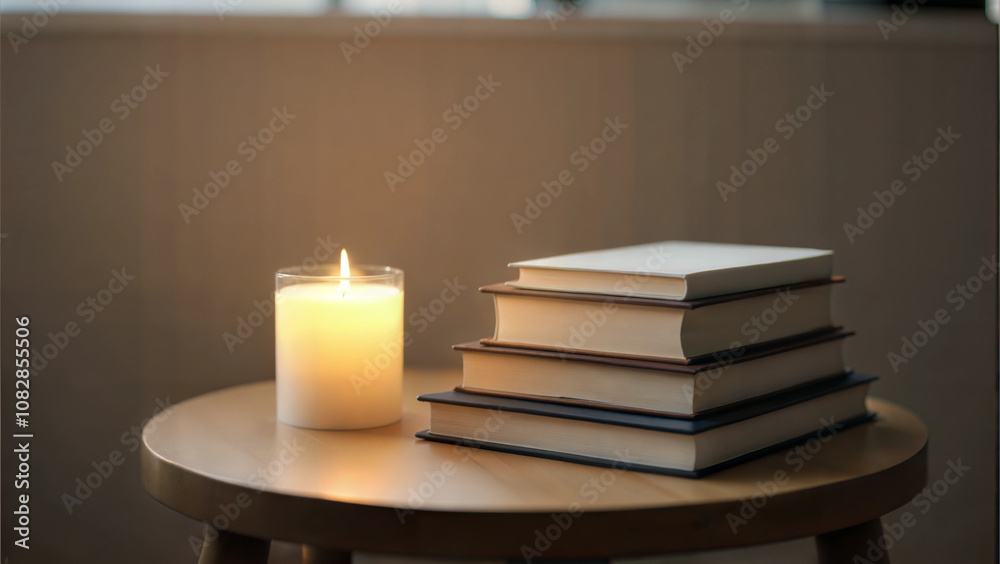 Books and a candle on a wooden chair in a warm glow for cozy reading on a winter evening Books and a candle on a wooden chair in a warm glow for cozy reading on a winter evening