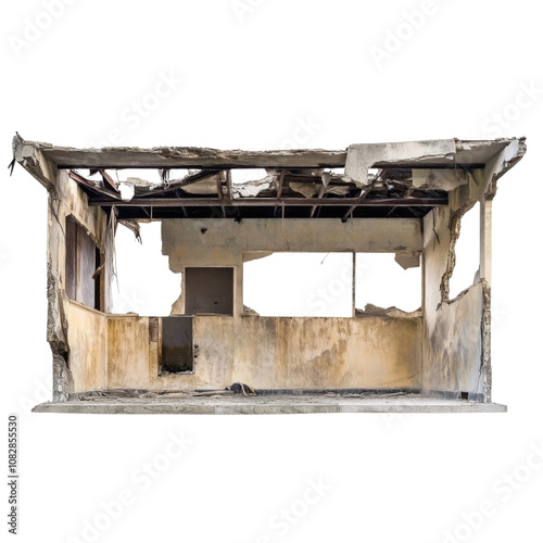 dilapidated building interior with exposed walls and ceiling, showcasing decay and neglect. structure reflects sense of abandonment and deterioration.  ,Isolated on Transparency background , PNG