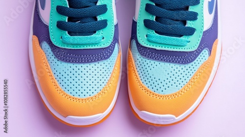 Stylish turquoise and navy sneakers featured on a pastel purple background for modern footwear enthusiasts photo