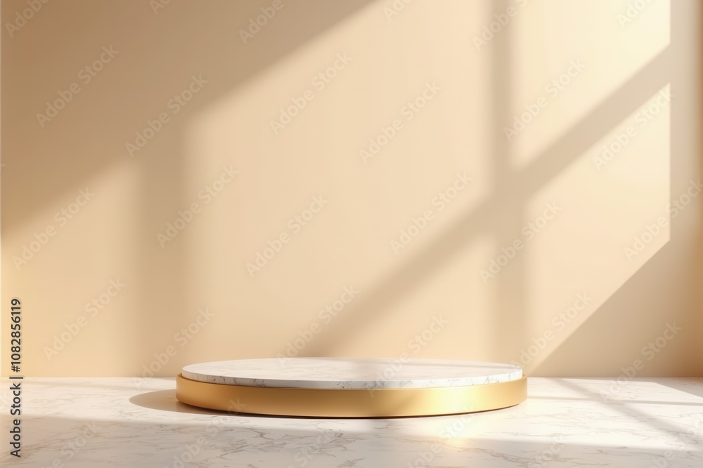 Round gold podium with marble patterns and soft warm lighting Round gold podium with marble patterns and soft warm lighting