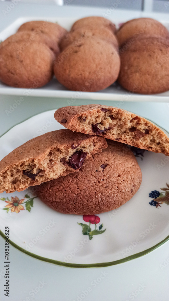 homemade cookies with chocolate. golden and round. homemade cookies with chocolate. golden and round.