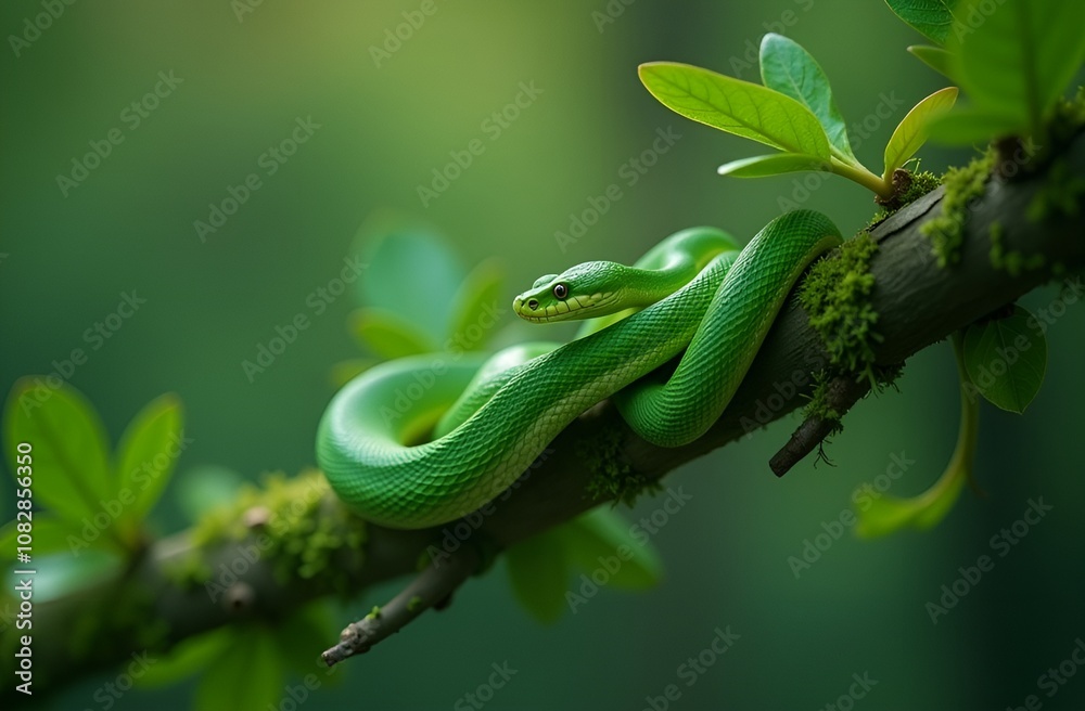 Obraz premium Green snakes on a branch in the forest
