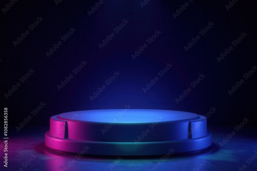 Gradient podium in blue to purple with neon pink and teal accents, black background