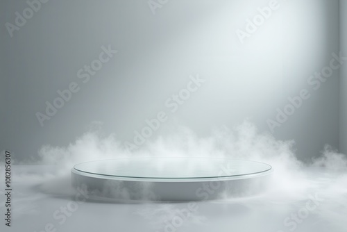 Floating glass podium in soft mist with serene lighting
