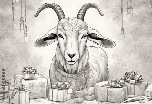 A goat stands among the Christmas presents.. Symbol of the Year 2027 2039 2051 2063.