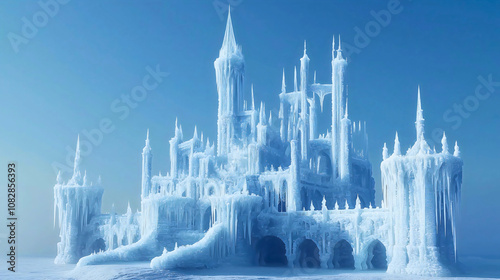 A cold castle in a wonderland made of ice and snow, a magnificent structure that shines and reflects the sunlight, as in a legend. photo