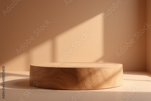 Rounded wood podium with natural grain and warm lighting