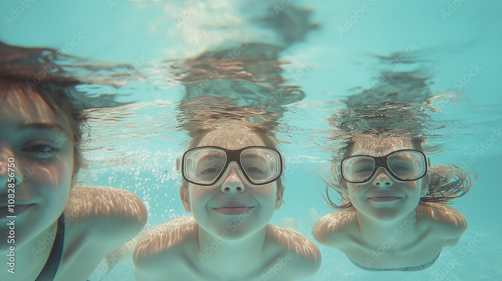 Fototapeta premium Underwater photo of three kids with goggles, smiling and floating underwater, enjoying a fun pool day. The water adds a refreshing and playful feel.