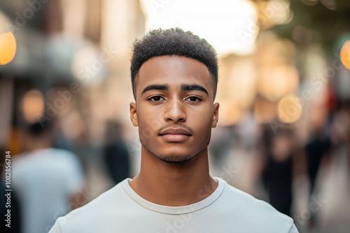 Young man with a serious expression standing on a busy street, capturing a contemplative mood with people in the blurred background.