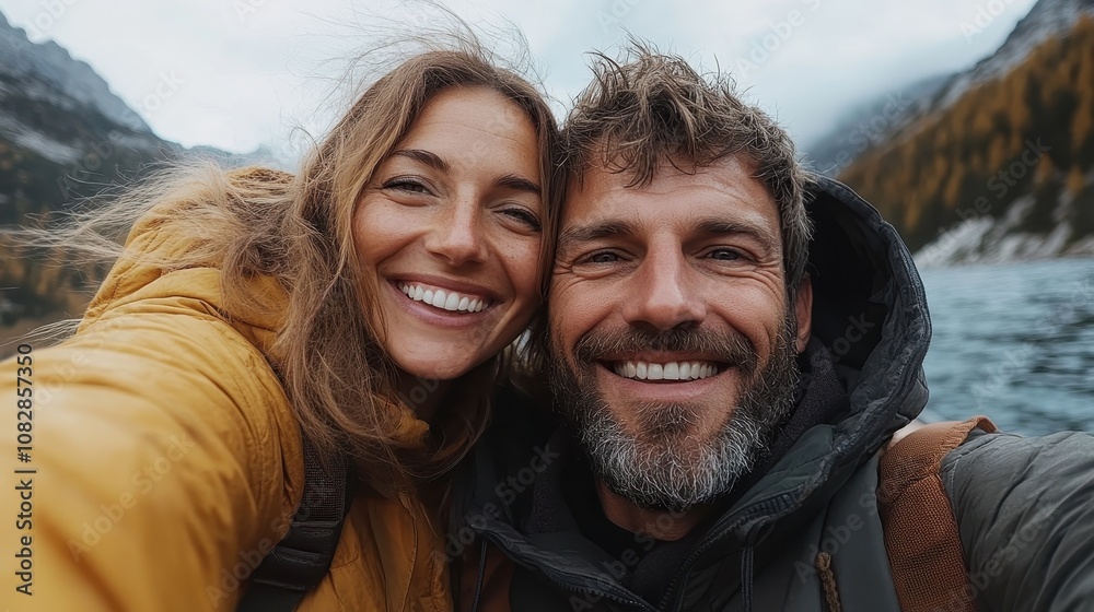 A couple shares a warm moment, smiling widely as they enjoy the breathtaking view of a mountain-framed lake, reflecting joy, serenity, and a love for nature. A couple shares a warm moment, smiling widely as they enjoy the breathtaking view of a mountain-framed lake, reflecting joy, serenity, and a love for nature.