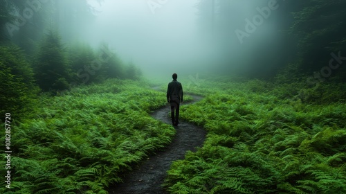 A lone figure is seen walking along a winding path in a fog-covered, lush green forest, stirring emotions of seclusion, exploration, and peace.