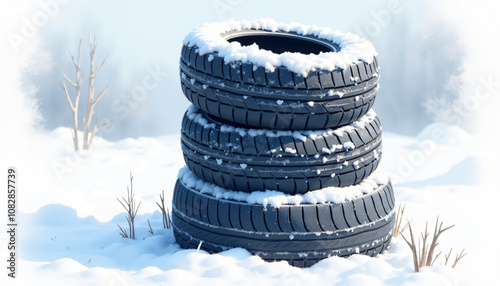 Stack of winter tires covered in snow in a snowy outdoor setting