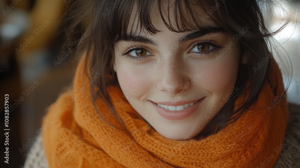 beautiful young woman wearing an orange scarf and smiling at the camera beautiful young woman wearing an orange scarf and smiling at the camera