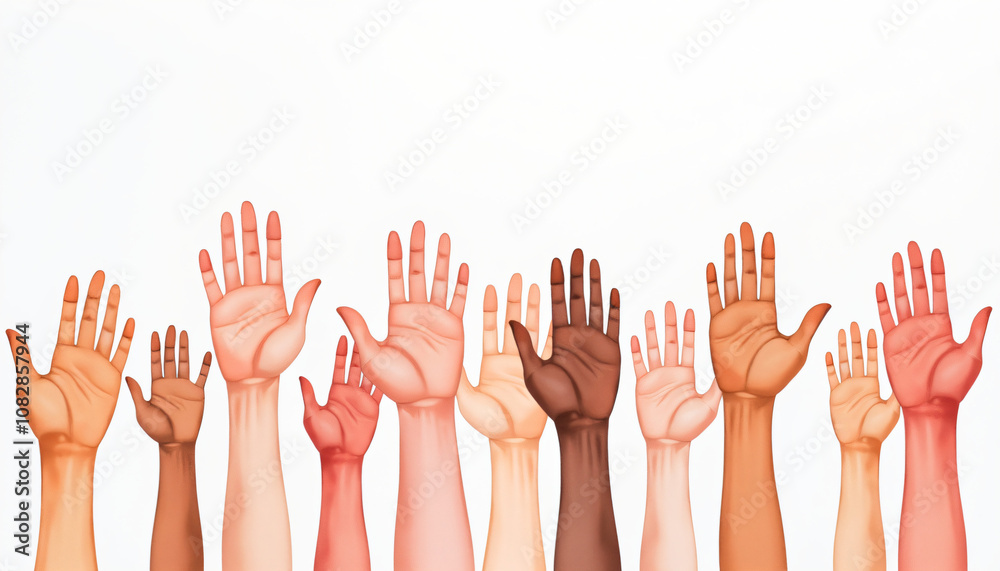 Diverse hands raised in unity with different skin tones against a white background Diverse hands raised in unity with different skin tones against a white background