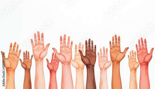 Diverse hands raised in unity with different skin tones against a white background