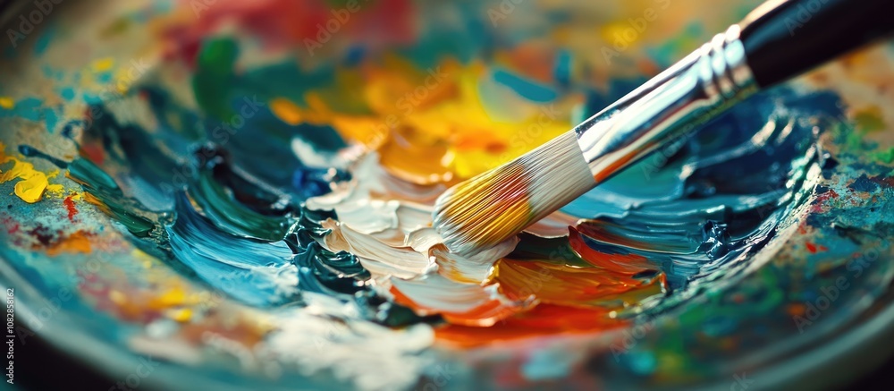 A blend of paint oils and foam creates a colorful composition on a plate accompanied by a paintbrush for artistic expression A blend of paint oils and foam creates a colorful composition on a plate accompanied by a paintbrush for artistic expression