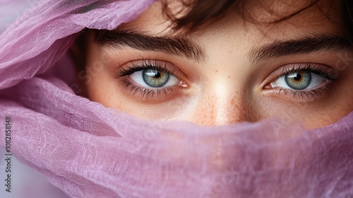Wallpaper Mural Portrait of a woman with striking eyes partially covered by soft lavender fabric, highlighting her gaze and creating an air of mystery and elegance. Torontodigital.ca