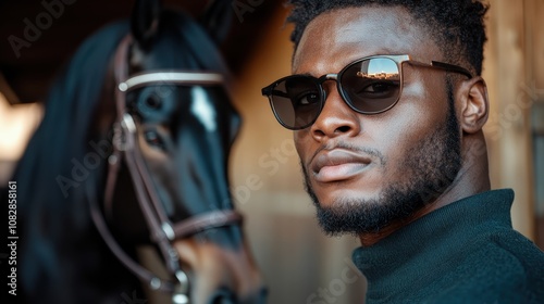 A confident man wearing sunglasses stands beside a majestic black horse, symbolizing strength and grace, set in a rustic barn environment with warm tones. photo