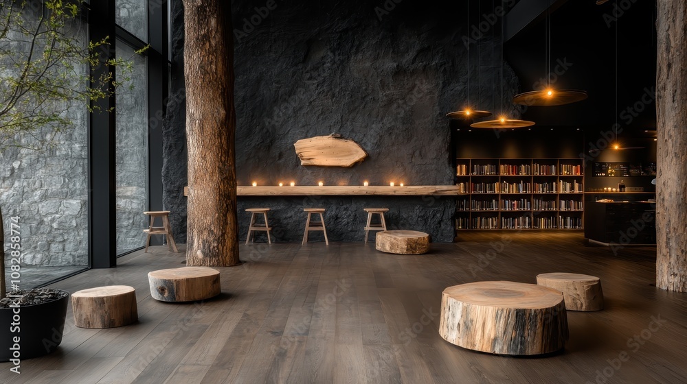 A serene library setting featuring wooden elements, including stools and tables made from tree stumps, creating a warm and inviting atmosphere for readers. A serene library setting featuring wooden elements, including stools and tables made from tree stumps, creating a warm and inviting atmosphere for readers.