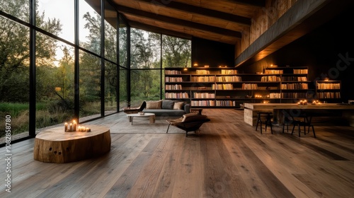 An inviting modern library with large windows that showcase picturesque natural views, complemented by wooden interiors and softly glowing candle lighting.