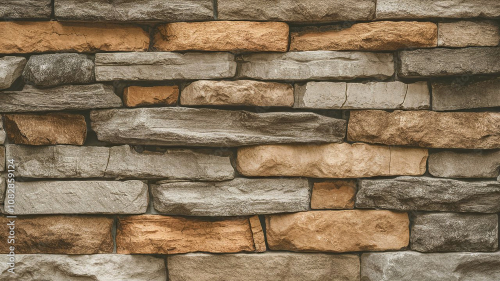 A multi-toned stone wall with uneven horizontally stacked stones in weathered shades of gray tan and brown capturing the natural beauty of aged stonework in a tranquil setting A multi-toned stone wall with uneven horizontally stacked stones in weathered shades of gray tan and brown capturing the natural beauty of aged stonework in a tranquil setting
