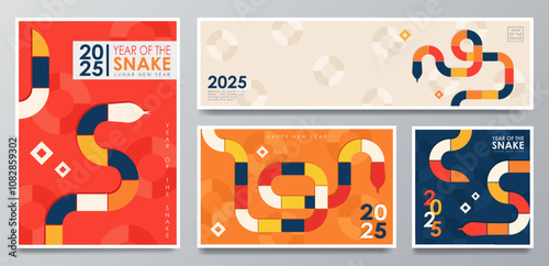 Template of 4 modern banners with geometric rectangle shapes in the form of a coiled snake in orange, red, yellow, blue and beige colors. Minimalist greeting card for 2025 Lunar New Year of the Snake 