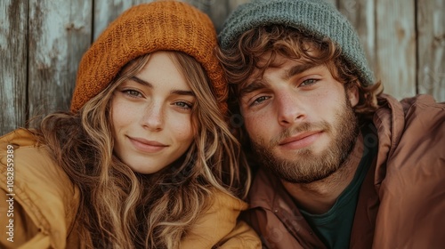 A cheerful couple clad in winter woolen hats and jackets, leaning closely together in front of a rustic wooden backdrop, generating warmth, friendship, and togetherness. photo