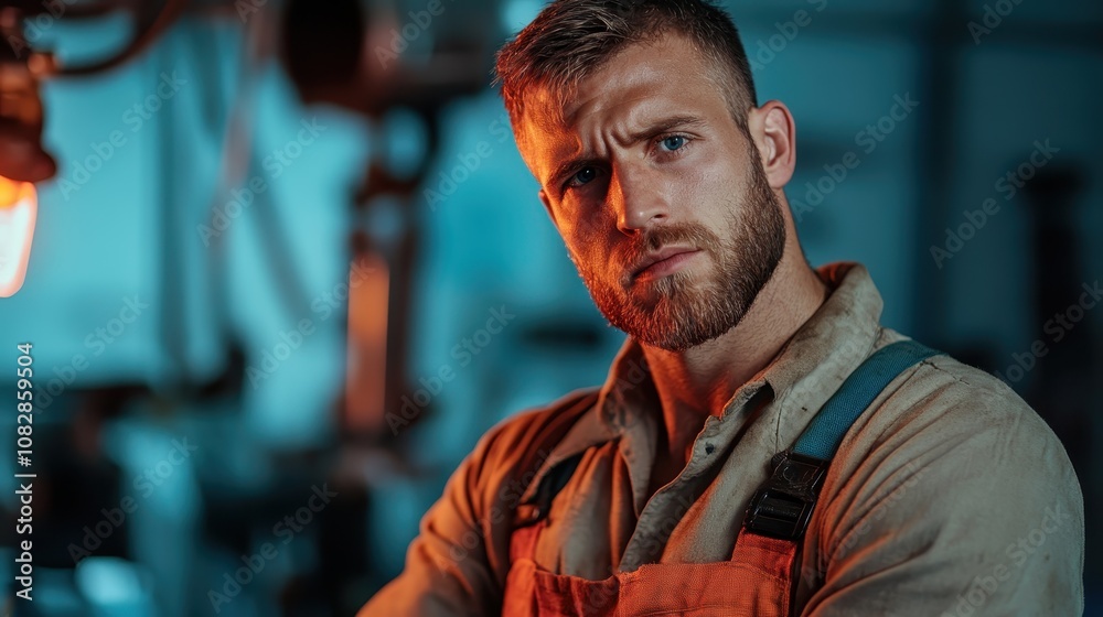 A determined worker with a beard, wearing an orange apron, embodies concentration and efficiency in a dimly lit workshop, highlighting his industrious nature. A determined worker with a beard, wearing an orange apron, embodies concentration and efficiency in a dimly lit workshop, highlighting his industrious nature.