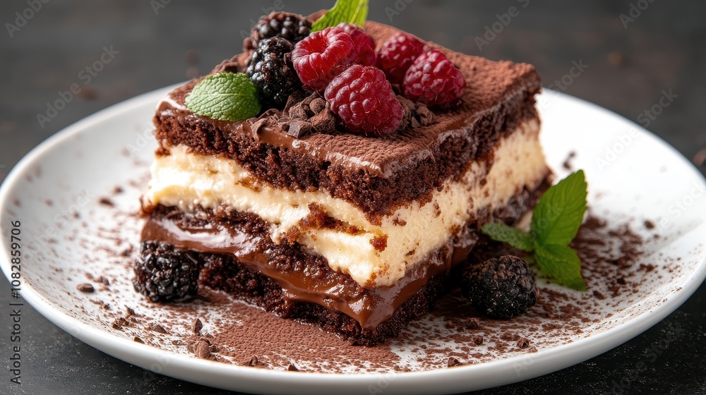 A delectable tiramisu featuring layers of chocolate cake and cream cheese, topped with berries and cocoa powder, capturing a rich taste and elegant presentation. A delectable tiramisu featuring layers of chocolate cake and cream cheese, topped with berries and cocoa powder, capturing a rich taste and elegant presentation.