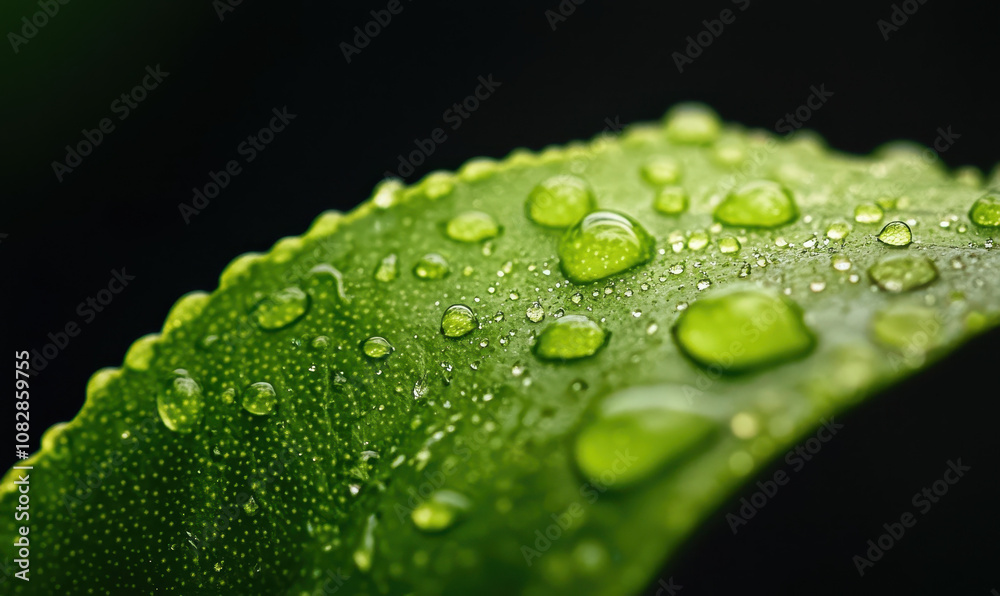 Macro View of Water Droplets on a Vibrant Green Leaf Macro View of Water Droplets on a Vibrant Green Leaf