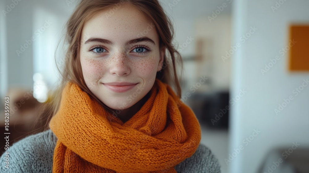 beautiful young woman wearing an orange scarf and smiling at the camera beautiful young woman wearing an orange scarf and smiling at the camera