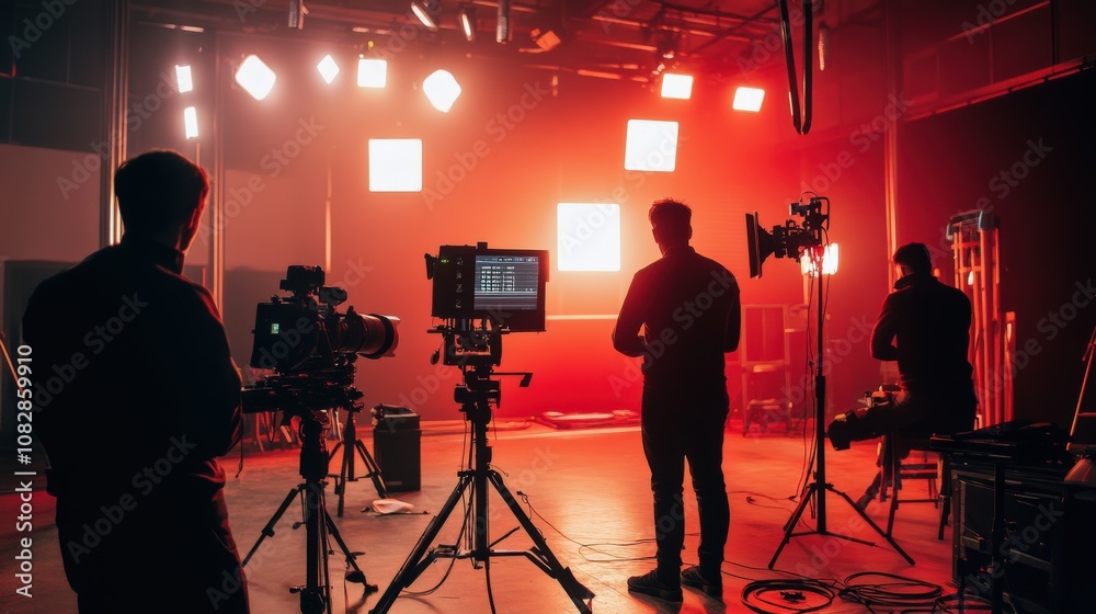 Fototapeta premium Film Crew Setting Up Equipment in Red-Lit Studio