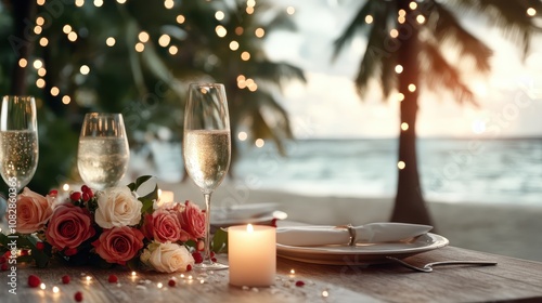 A chic table setup on a beach with wine glasses, plates, pink and white roses, candles, and glimmering string lights creating a cozy ambiance.