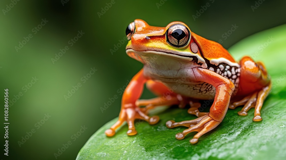 This photograph captures a vivid and colorful frog poised gracefully on a leaf showcasing its striking patterns and stunning natural beauty at its finest. This photograph captures a vivid and colorful frog poised gracefully on a leaf showcasing its striking patterns and stunning natural beauty at its finest.