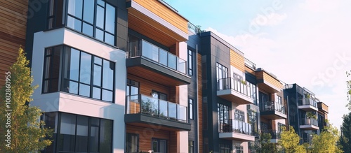 Modern apartment complex featuring balconies and large windows showcasing a blend of architectural styles and outdoor amenities Mixed media representation