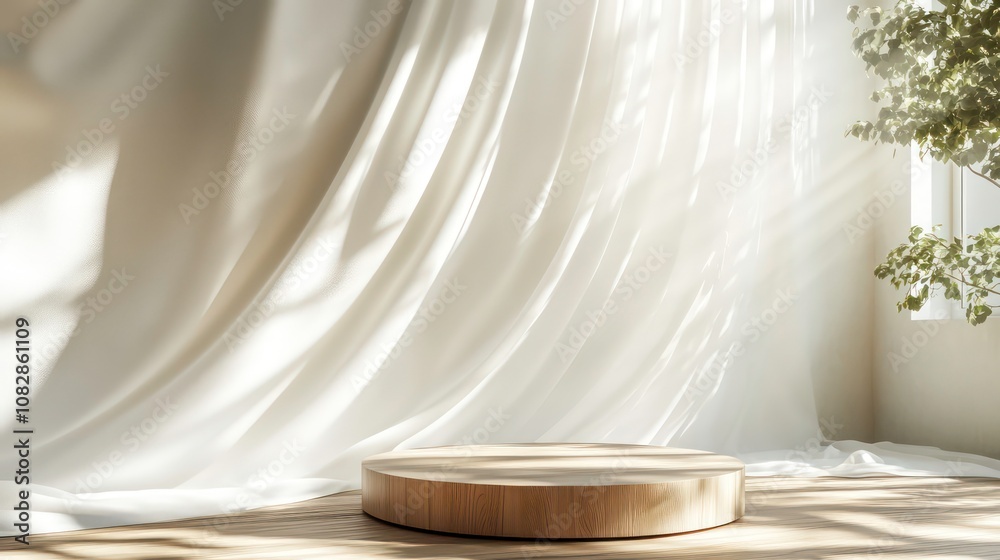 A wooden podium in a minimalist setting with white curtains and natural light. A wooden podium in a minimalist setting with white curtains and natural light.