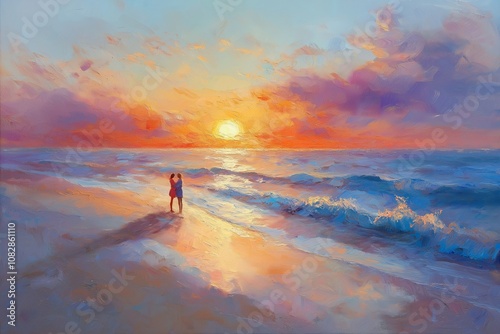 A colorful oil painting of a couple standing on a beach, enjoying a vibrant sunset over the ocean with reflections in the water, creating a romantic and serene atmosphere