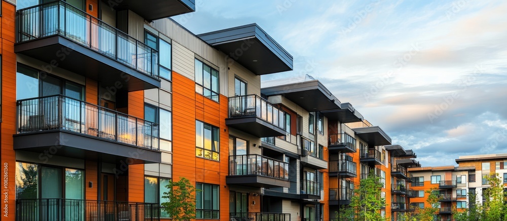 Modern apartment complex featuring windows balconies and outdoor amenities Unique design showcases contemporary architectural style Mixed media representation Modern apartment complex featuring windows balconies and outdoor amenities Unique design showcases contemporary architectural style Mixed media representation
