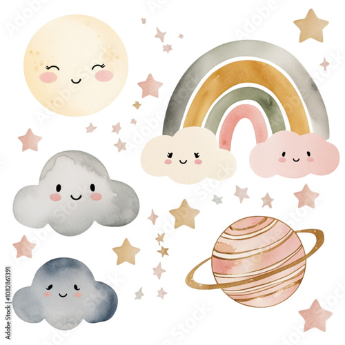 Whimsical cosmic art featuring smiling planets, clouds, and a rainbow with stars in soft colors perfect for a child's room décor, transparent png, generative ai