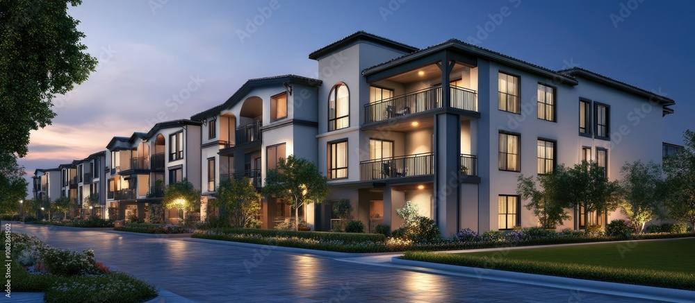 Modern apartment complex featuring balconies and large windows set amidst outdoor amenities showcasing contemporary European architectural design Mixed media representation Modern apartment complex featuring balconies and large windows set amidst outdoor amenities showcasing contemporary European architectural design Mixed media representation