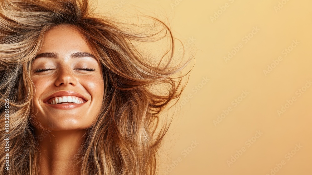 Fototapeta premium A joyful woman with golden, flowing hair beams with happiness, eyes closed, set against a lively yellow background, embodying vibrancy and youthful energy.