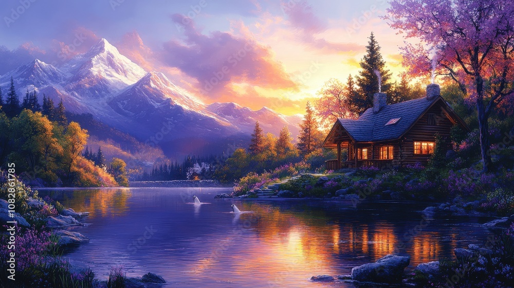 Fototapeta premium A serene lakeside cabin at sunset, surrounded by mountains and blooming nature.