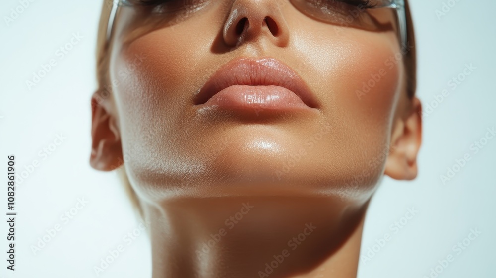 Artistic shot highlighting the smooth, glowing skin and elegant facial features of a woman, showcasing glossy lips and chic eyewear in a minimalist setting. Artistic shot highlighting the smooth, glowing skin and elegant facial features of a woman, showcasing glossy lips and chic eyewear in a minimalist setting.