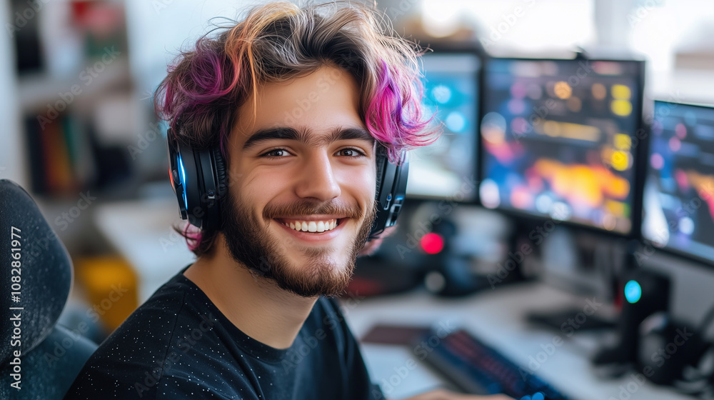 young man with colored hair sitting in front computer monitors young man with colored hair sitting in front computer monitors