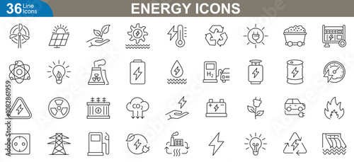Energy icons set. Sustainable, renewable, electricity, eco-friendly, power, efficiency and more. thin line icons vector illustration.