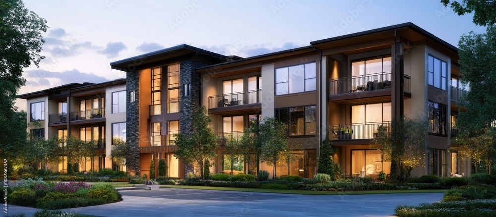 Modern apartment complex featuring balconies and large windows complete with outdoor amenities Mixed media representation