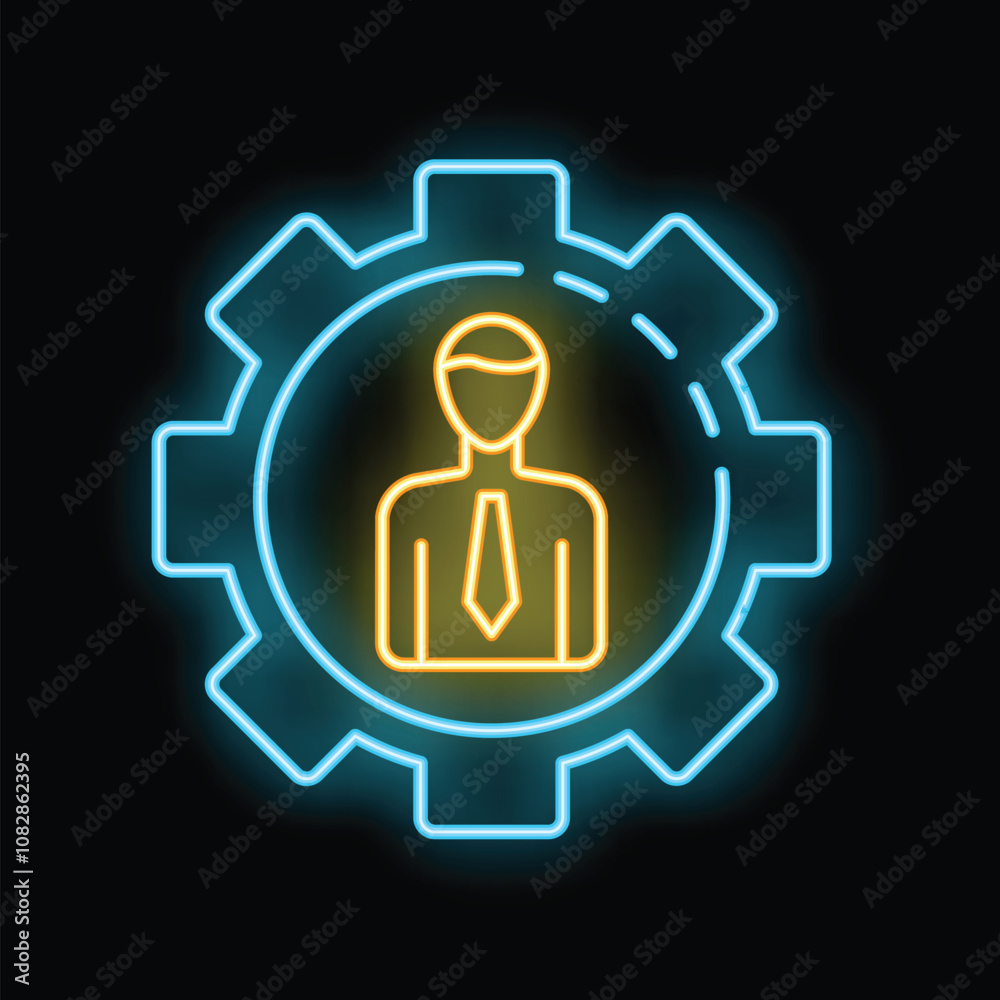 Glowing neon icon representing the concept of human resources with a businessman inside a gear Glowing neon icon representing the concept of human resources with a businessman inside a gear
